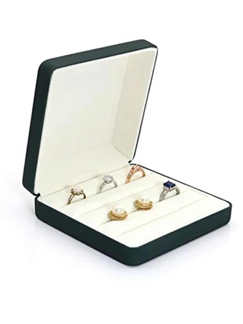 Green Faux Leather Ring Organizer Box Travel Jewelry Holder Storage Tray Women